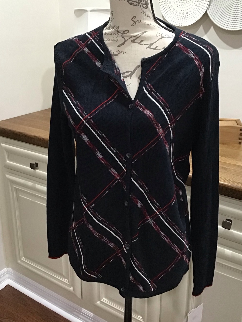 Women’s Black Button-front Red & White Plaid Cardigan